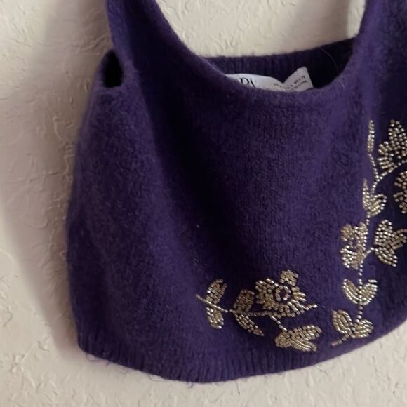 ZARA PURPLE CROP TOP WITH GOLD BEAD FLORAL PRINT SIZE SMALL NWOT - Picture 4 of 6